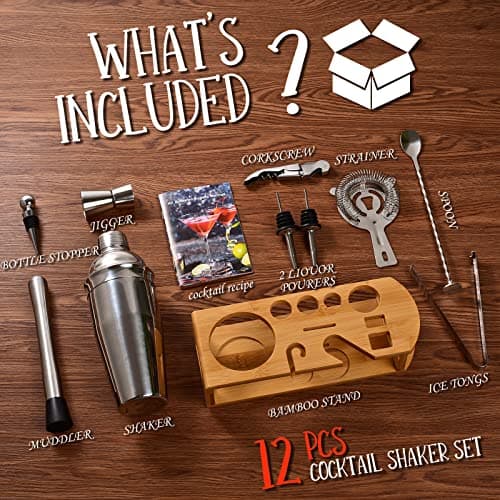 Cocktail Shaker Set Bartender Kit : 12-Piece Bar Tool Set with Bamboo Stand | Bar Set with All Practical Bar Accessories, for Drink Mixing, Bar, Home, Lounge & Party (Silver) - Thumbnail 2