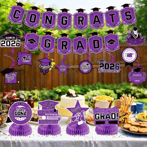 2026 Graduation Decorations Set Congrats Grad Banner Class of 2026 Backdrop Balloons Swirls Honeycomb Centerpieces Purple Graduation Party Supplies for High School College Grad Decor - Thumbnail 5