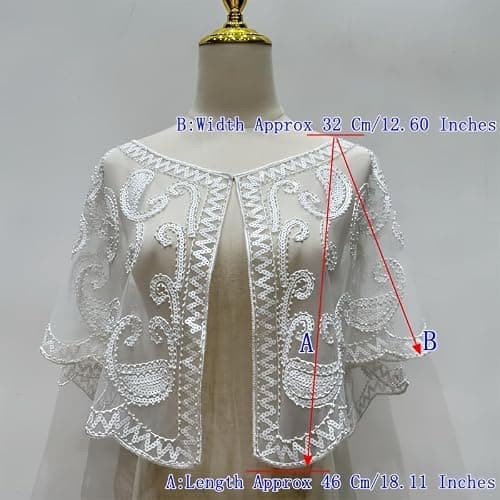 RiJinDuoJin 1920s 50s Shawl Wraps Sequin Beaded Shawl Wedding Bridal Wrap For Evening Dresses Gatsby Party Harlem Night Accessories - White - Thumbnail 3