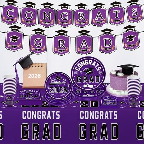 OHOME Graduation Party Decorations 2026 - Graduation Decorations Class of 2026 - Serve 24 - Purple Plates Tablecloth Napkins Cups Graduation Banner- Graduation Party Favors Supplies - Thumbnail 3