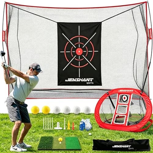 10x7ft Golf Practice Net with Chipping Target, Foldable Mat, 8 Tees & 6 Balls – All-in-One Golf Hitting Net for Backyard, Indoor Outdoor Use, Includes Carry Bag for Easy Storage - Image 1