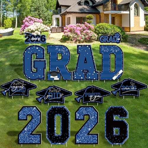 Graduation Decorations 2026, 14PCS Blue Graduation Yard Sign, Congrats Class of 2026 Yard Signs for School or College Grad Party, Outdoor Lawn Decorations, Front Yard Decor Supplies - Image 1