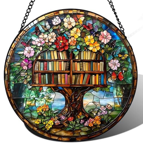 Zizzie Stained Glass Bookshelf Tree Suncatcher - 7.9" Real Glass Magic Library Floral Window Hanging, Weatherproof Reading Nook Decor, Tree of Knowledge Gift for Book Lovers Teacher Librarian
