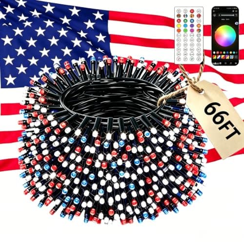 Ecoeve Red White and Blue Lights, 66FT 130 LED 4th of July RGB+IC String Lights Outdoor, Smart App-Controlled 100+ Scene Modes Color Patriotic Light for Indoor Independence Memorial Day Party Holiday