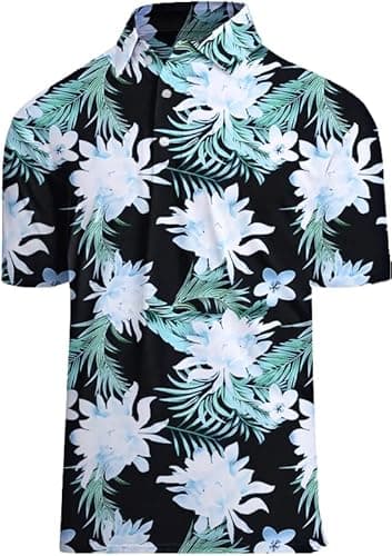 Actflare Polo Shirts for Men Moisture Wicking Quick-Dry Pattern Print Performance Polo Shirts for Men White Hibiscus L