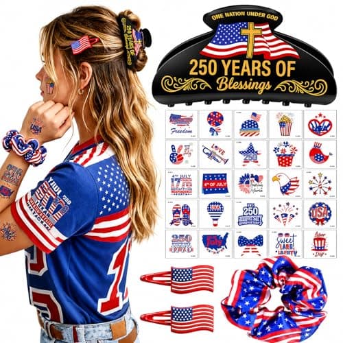 TOCESS 250 Anniversary USA Claw Clips: 4th of July Independence Day Patriotic Hair Accessories Set with Hair Clips, Red White Blue Scrunchies & Temporary Tattoos for Women, America 250 Merchandise