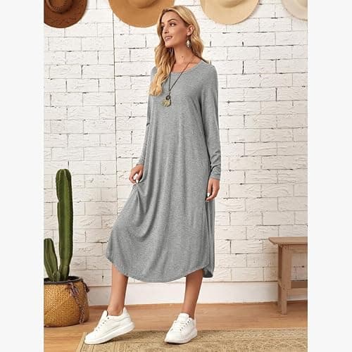 Lounge Dress for Women Long Sleeve Nightgown Midi Long Dress Loose Casual Side Slit Dresses Pocket XXL Grey - Thumbnail 4