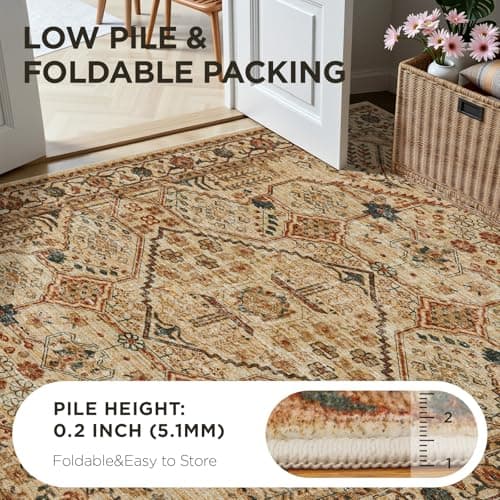Joydeco 3x5 Area Rugs for Living Room, Non Slip Machine Washable Vintage Rug, Low Pile Chenille Print Rugs for Bedroom, Dining Room, Home Office, Pet & Child Friendly, Tan - Thumbnail 5