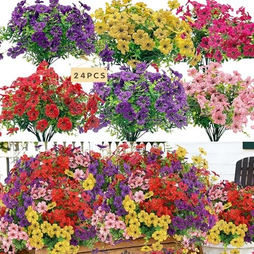 Senjie 24 Bundles Artificial Flowers Bulk for Outdoor Decor, UV Resistant Fake Plastic Flowers, Faux Flowers for Porch Patio Window Boxwood Garden - Image 1