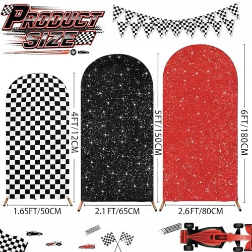 3PCS Arch Backdrop Cover Set (4,5,6FT) for Monster Truck Car Birthday Party Decorations, Boys Race Car Theme Background with Checkered Arch Covers - Thumbnail 2