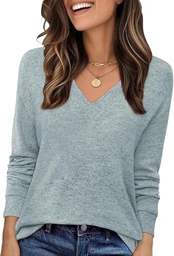 JUSTFASHIONNOW Winter Clothing for Women Long Sleeve V Neck Tops Dressy Casual Business Blouses Teacher Work Shirts 2025 Fashion Outfits (Light Blue,Large) - Thumbnail 2