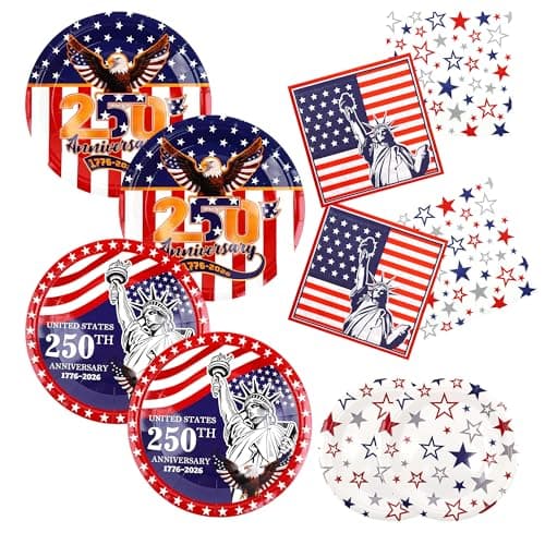 4th of July Party Supplies Set for 50 Guests, 250th Anniversary Patriotic Plates and Napkins Kit for Independence Day Celebration Red White Blue Decor