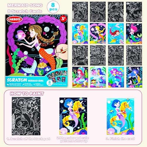 BAOXUE Scratch Art for Kids, Mermaids Black Rainbow Scratch Paper Set-Arts And Crafts & Supplies, DIY Activity & Party Games, Mermaid Toys Gifts for Toddlers, Girls - Thumbnail 5