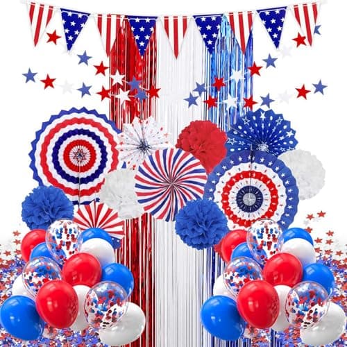 100pcs 4th of July Patriotic Christmas Independence Labor Day Party Decoration Sets with Red White Blue Balloons,Paper Fans,USA Flag Pennant,Star Streamer,Pom Poms,Tinsel Backdrop for Party Decor - Image 1
