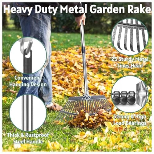 Jesosia Garden Rake for Leaves with Leaf Bag & Gloves - 65 Inch Adjustable 25 Tines Metal Rake Set with 72 Gallon Reusable Yard Waste Bags for Gardening Lawns Outdoor Camping Shrub Grass Bush - Thumbnail 2