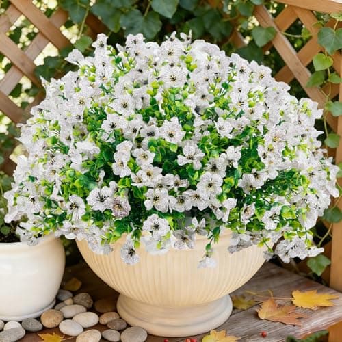 Enlightcode Artificial Mums for Outdoors, Faux Mums of Fake Flowers for Outdoor Planters, No Fade Vibrant Artificial Flowers for Porch Patio Yard Decoration, 12 Bundles, White - Thumbnail 5