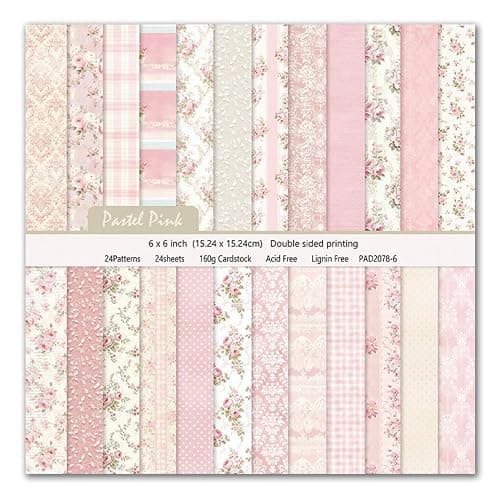 Scrapbook Paper & Scrapbooking Supplies, Pink 6x6 Double-Sided Patterned Cardstock Pad, Shabby Chic Craft Sheets for Junk Journaling, Card Making & Scrap Book, 24 Sheets - Image 1