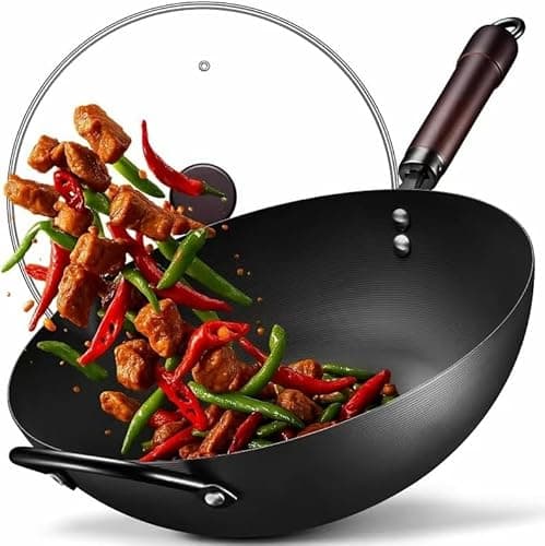 Wok, 13 Inch carbon steel woks & stir-fry pans nonstick, Pre-Seasoned 5.8QT Flat Bottom Chinese Wok Paella Pan with lid, Carbon Steel Cookware, Compatible with All Cooktops - Image 1