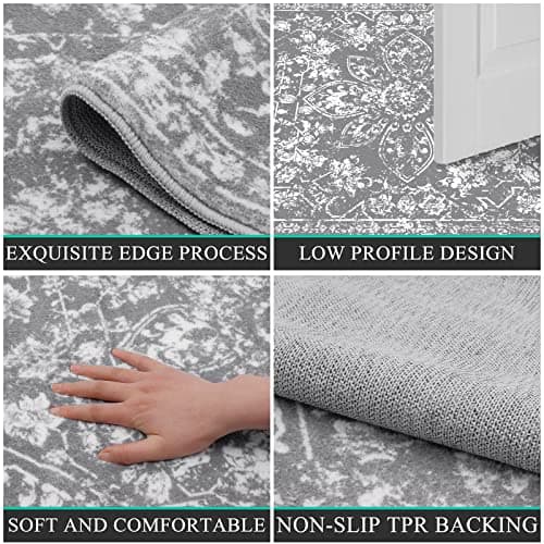 Pauwer Boho Vintage Runner Rug, 2x4 Non Slip Small Throw Rugs Doormat, Washable Soft Indoor Mat Runner Rug Small Area Rug Low-Pile Floor Carpet for Hallway Entryway Bedroom Living Room,(2'x4', Grey) - Thumbnail 4