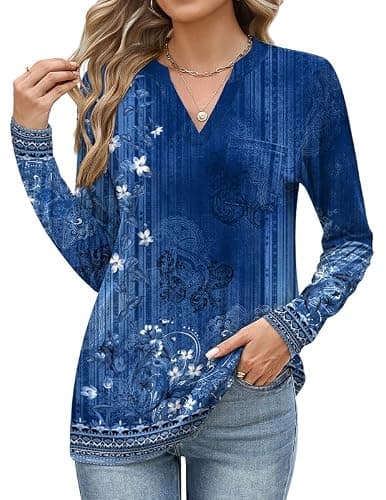Misakia Long Sleeve Tunic Tops for Women V Neck Dressy Casual Shirts With Pocket Loose Fit 2025 - Image 1