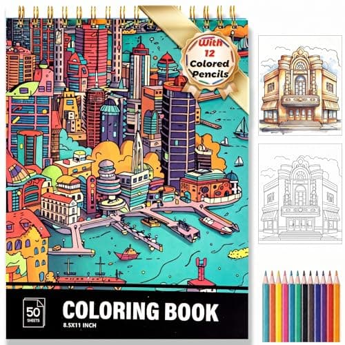 Architecture Coloring Book for Adults 41 Unique Single Sided Patterns and 9 Blank Pages with 12 Colored Pencils Set 130GSM Thick Paper Stress Relief & Mindfulness Gift for Women Men, 8.5 X 11in