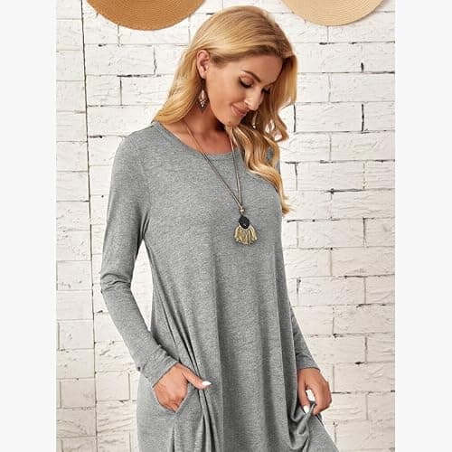 Lounge Dress for Women Long Sleeve Nightgown Midi Long Dress Loose Casual Side Slit Dresses Pocket XXL Grey - Thumbnail 5
