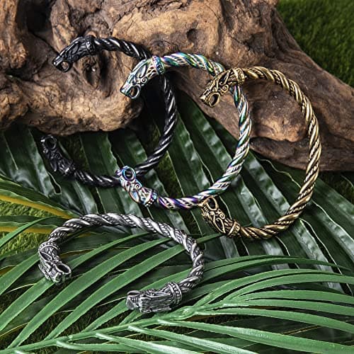 TURTLEDOVE Viking Wolf Fenrir Bangle - Adjustable Stainless Steel Norse Scandinavian Torc - Thumbnail 3