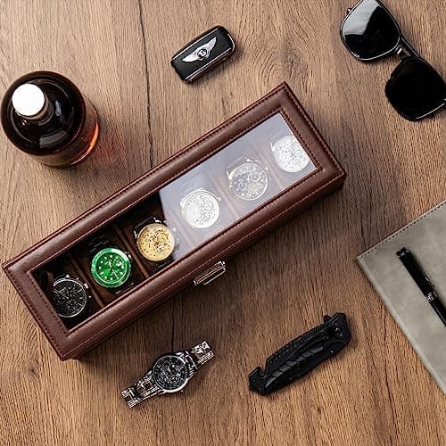 ProCase Watch Box, Fathers Day Gift for Dad, 6 Slot Watches Display Case with Drawer, Mens Watch Case with Glass Lid, 2-Layer Mens Jewelry Organizer Storage Holder -6 Slot, Espresso - Thumbnail 4