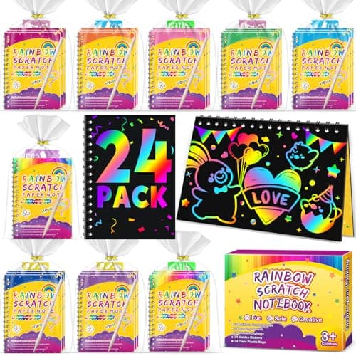 Party Favors for Kids 4-8-12: 24 Pack Scratch Rainbow Art Crafts Notebook, Coloring Book Goodie Bags Stuffers Kit, Bulk Birthday Gift Classroom Prizes Girl Boy Toddler - Image 1