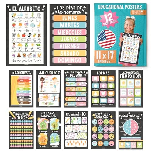 Hadley Designs Spanish Classroom Decorations - 12 Spanish Posters for Classroom Decor, Abecedario para Niños en Español, 11x17 Laminated Chalkboard Bilingual Educational Posters for Toddlers 1-3 - Image 1