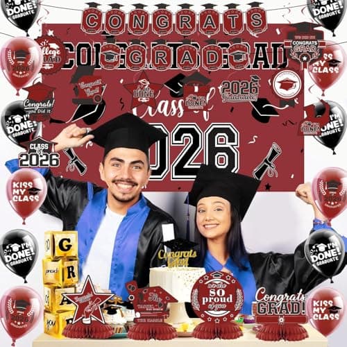 2026 Graduation Decorations Set- Class of 2026 Grad Party Decorations, Congrats Grad Banner, Backdrop, Grad Hanging Swirl, Balloons and Honeycomb Table Toppers, Graduation Party Supplies(Maroon) - Thumbnail 2