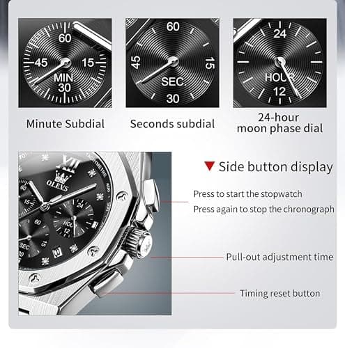 OLEVS Men's Watch Silver Stainless Steel with Black Dial Casual Watch for Men Quartz Analog 3ATM Waterproof Business Professional Style for Office Work Daily Commute 42mm Diameter Case Easy to Read. - Thumbnail 6