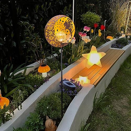 Tryme Solar Fairy Garden Lights - Moon Star Glass Globe Pathway Stake, Waterproof Outdoor Decorative Lights for Patio, Yard, Lawn - Thumbnail 4