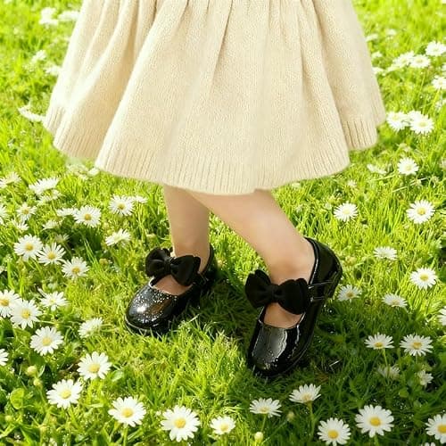 Pxmzizz Toddler Girl Black Dress Shoes Mary Jane Flower Girl Flats for Wedding & Party, Soft Insole, Non-Slip, Easy On & Off Dress Shoes for Little Girls,Black,11.5 - Thumbnail 6