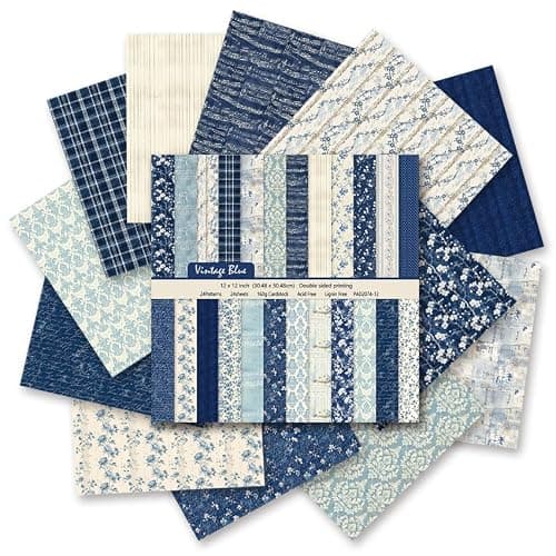 12x12 Scrapbook Paper & Scrapbooking Supplies, Vintage Blue Double-Sided Patterned Cardstock Pad, Decorative Craft Sheets for Junk Journal & Photo Album, 24 Sheets