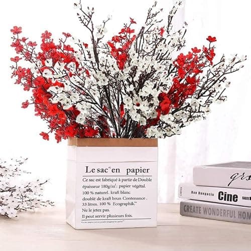 niuniufine 4Bundles Babys Breath Artificial Flowers Fake Silk Real Touch Floral Arrangement for Wedding Bouquet Home Office Farmhouse Wedding Centerpiece Decor White/Red - Thumbnail 5