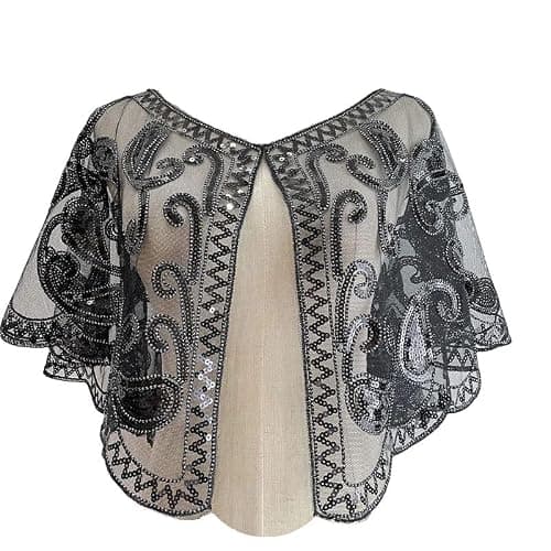 RiJinDuoJin 1920s 50s Shawl Wraps Sequin Shawl Wedding Bridal Wrap For Evening Dresses Gatsby Party Harlem Night Accessories - Black+Silver Rope - Image 1