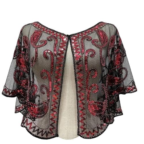 RiJinDuoJin 1920s 50s Shawl Wraps Sequin Beaded Shawl Wedding Bridal Wrap For Evening Dresses Gatsby Party Harlem Night Accessories - Black Red - Image 1