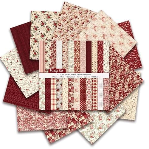 12x12 Scrapbook Paper & Scrapbooking Supplies, Vintage Red Double-Sided Patterned Cardstock Pad, Decorative Craft Sheets for Junk Journal & Photo Album, 24 Sheets