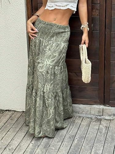 ZAFUL Women’s Summer Boho Maxi Skirts Bohemian Print Smocked High Wasited Flowy TieGreen Ruffle Long Beach Skirt Green L - Thumbnail 4