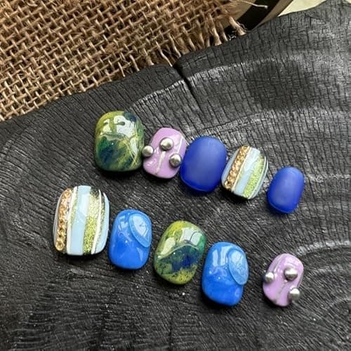 Fine Point Handmade Press-On Nails Set, Short Squoval, Funky Cobalt Blue Aura Green Swirl, 3D Stud Accent, Designer Artistic Novelty Fashion, Pop-Star Showgirl, Cosmic Coquette (Size Small) - Thumbnail 4