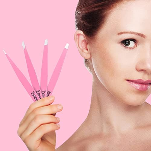 Tomata Tweezers for Eyebrows, Slant Tip and Pointed Eyebrow Tweezer Set Great Precision for Eyebrows Facial Hair, Ingrown Hair, Splinter, Blackhead and Tick Remover (4-piece) (pink) - Thumbnail 6