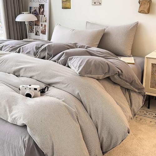 DCSKY Duvet Cover Set - 100% Washed Cotton, 3 Piece Pre-Washed Super Soft Breathable Bedding with Duvet Cover and 2 Pillow Cases (01Gray(No Comforter), Queen (90''x90''))