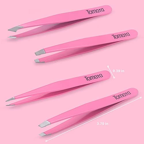 Tomata Tweezers for Eyebrows, Slant Tip and Pointed Eyebrow Tweezer Set Great Precision for Eyebrows Facial Hair, Ingrown Hair, Splinter, Blackhead and Tick Remover (4-piece) (pink) - Thumbnail 5