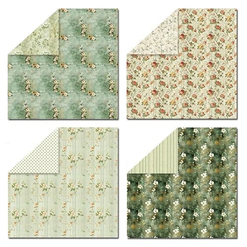 12x12 Scrapbook Paper & Scrapbooking Supplies, Vintage Green Double-Sided Patterned Cardstock Pad, Decorative Craft Sheets for Junk Journal & Photo Album, 24 Sheets - Thumbnail 2