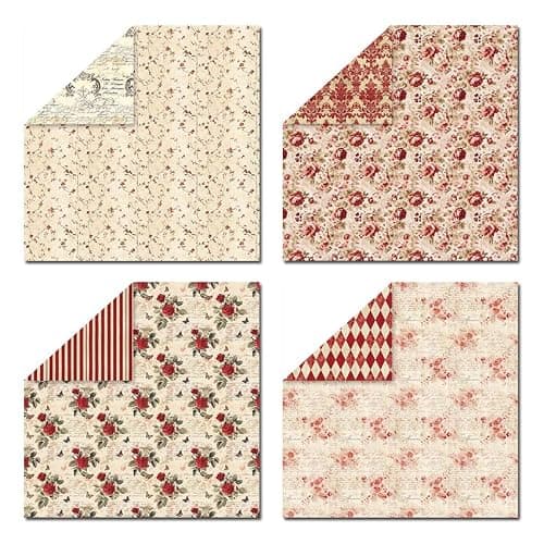 12x12 Scrapbook Paper & Scrapbooking Supplies, Vintage Red Double-Sided Patterned Cardstock Pad, Decorative Craft Sheets for Junk Journal & Photo Album, 24 Sheets - Thumbnail 2