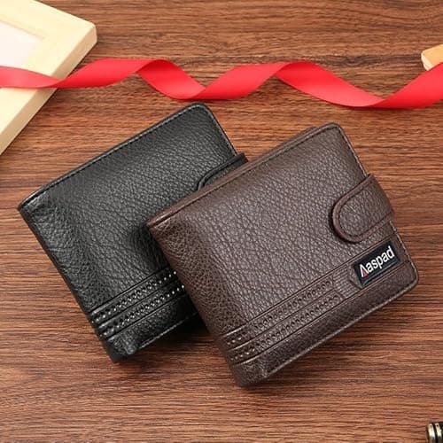 Aaspad Leather Wallet for Men's Gift Bifold Style Fasten with Belt Buckle Button Closure Bank Credit Card Slots Coin/Airtag pockets and 2 transparent Photos and ID Windows(Black) - Thumbnail 6