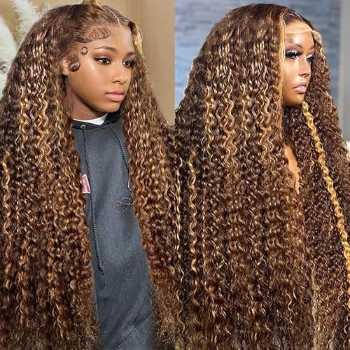 FFEGG Hidden Strap 360 Water Wave 220% Density Honey Blonde Deep Curly Human Hair wig Ombre Deep Wave 4/27 Highlight Lace Front Wigs Pre Plucked Wet And Wavy Water Wave Wig for Women 18 Inch - Thumbnail 3