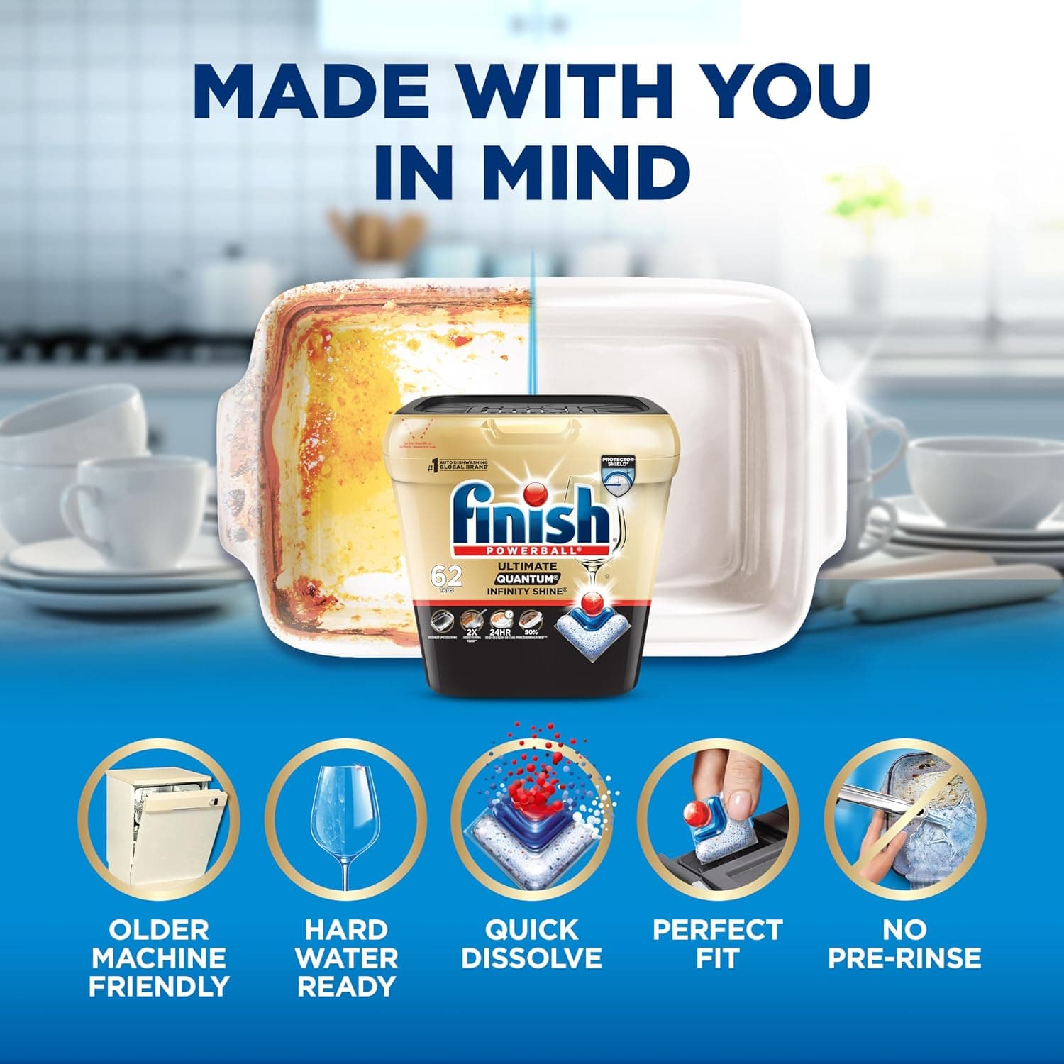 Finish Ultimate Quantum Infinity Shine features: older machine friendly, hard water ready, quick dissolve, perfect fit, no pre-rinse