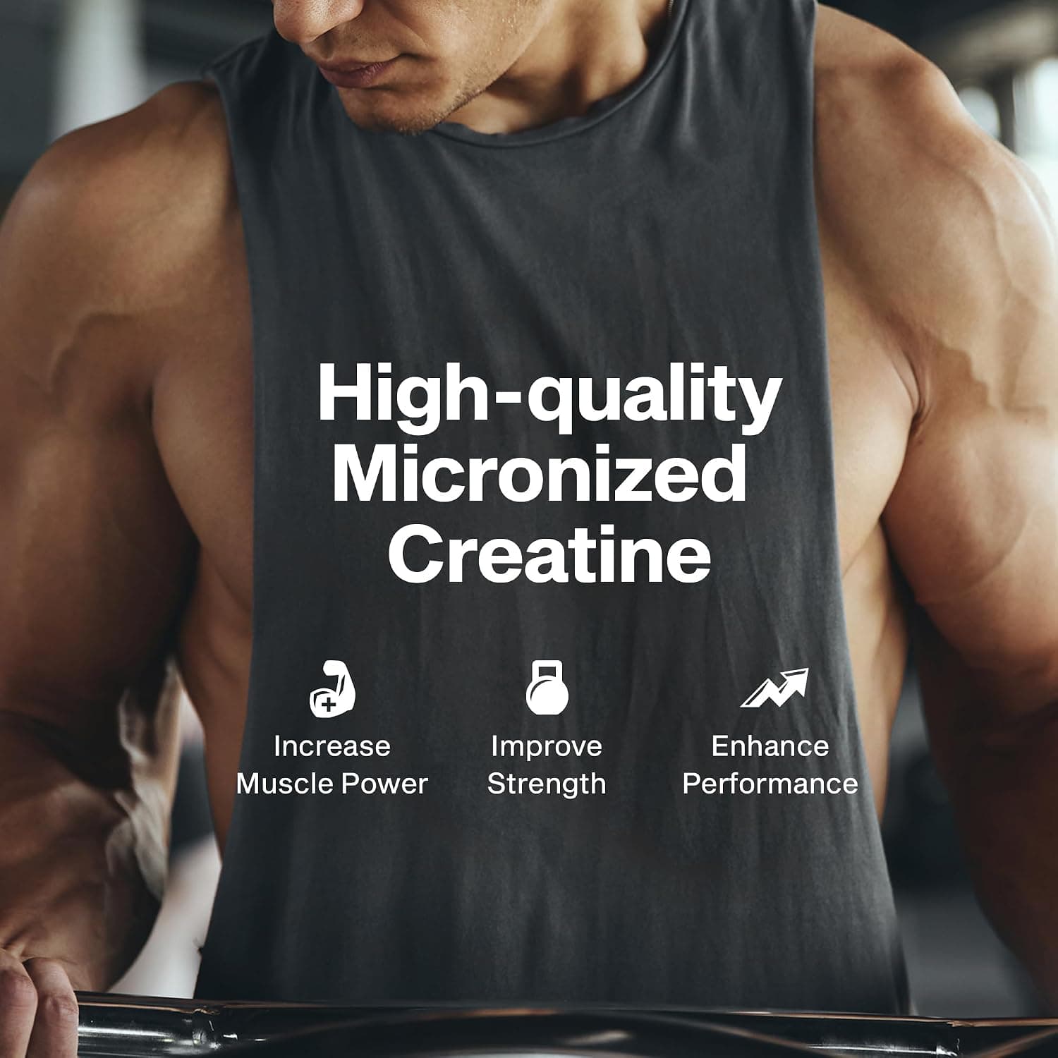 Athlete with text highlighting high-quality micronized creatine for increased muscle power, improved strength, and enhanced performance
